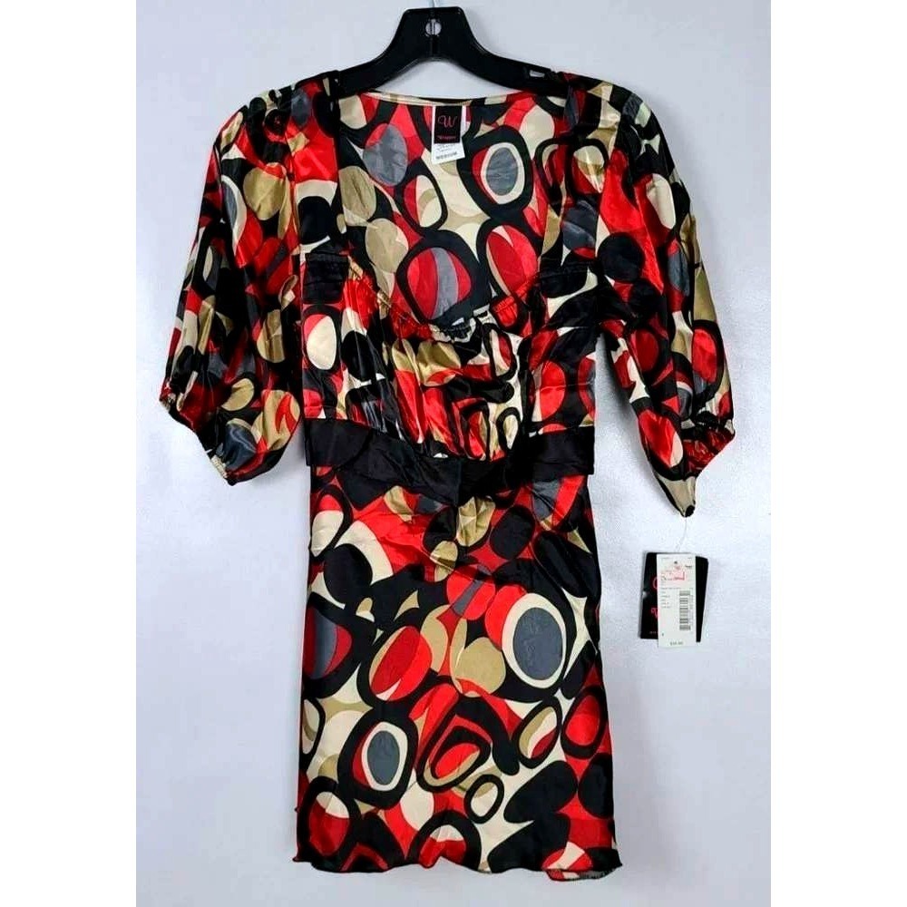 VTG Y2K Wrapper Babydoll Top Womens Medium Red Black Abstract Print Retro Satin